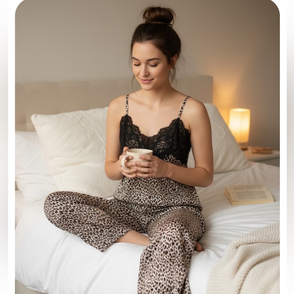 Chic Leopard Print Pajama Set with Black Lace